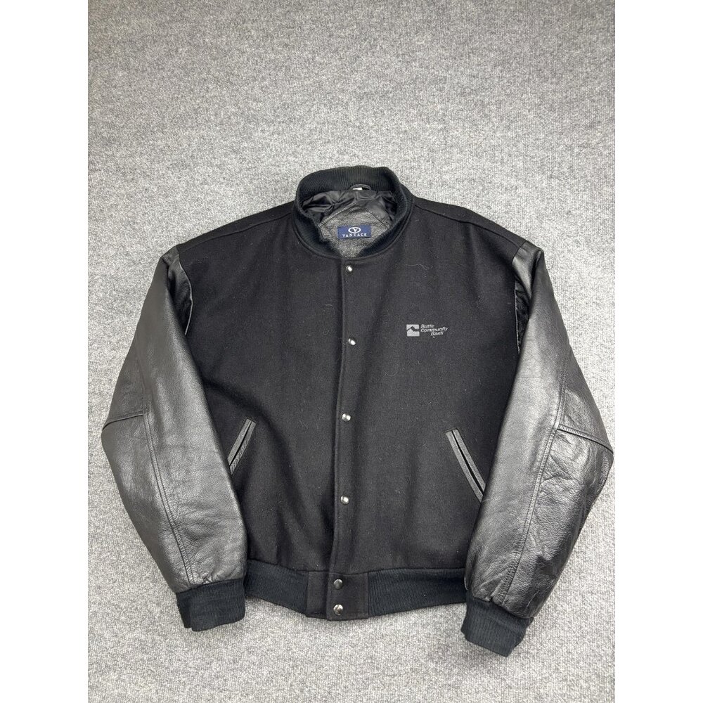 Vantage Jacket Mens XL‎ Black Wool Leather Varsity Quilted Lining Snap Bomber